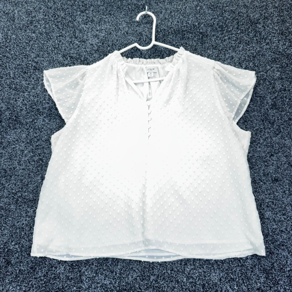 J.Crew White Swiss Dot Flutter Sleeve Ruffle Neck Blouse Top XL Womens